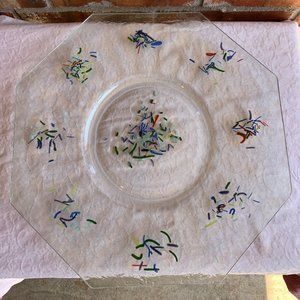 Vintage octagon shaped serving party platter with confetti, clear glass plate